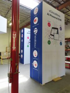 (2) 16 ft Gravitee Towers with Tension Fabric Graphics and Locking Closet Storage. Dims:  95.5" W x 50.5" D x 190" H
